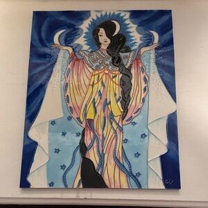 Mystical Woman Art on ceramic tile in Blue and Yellow moon goddess signed
